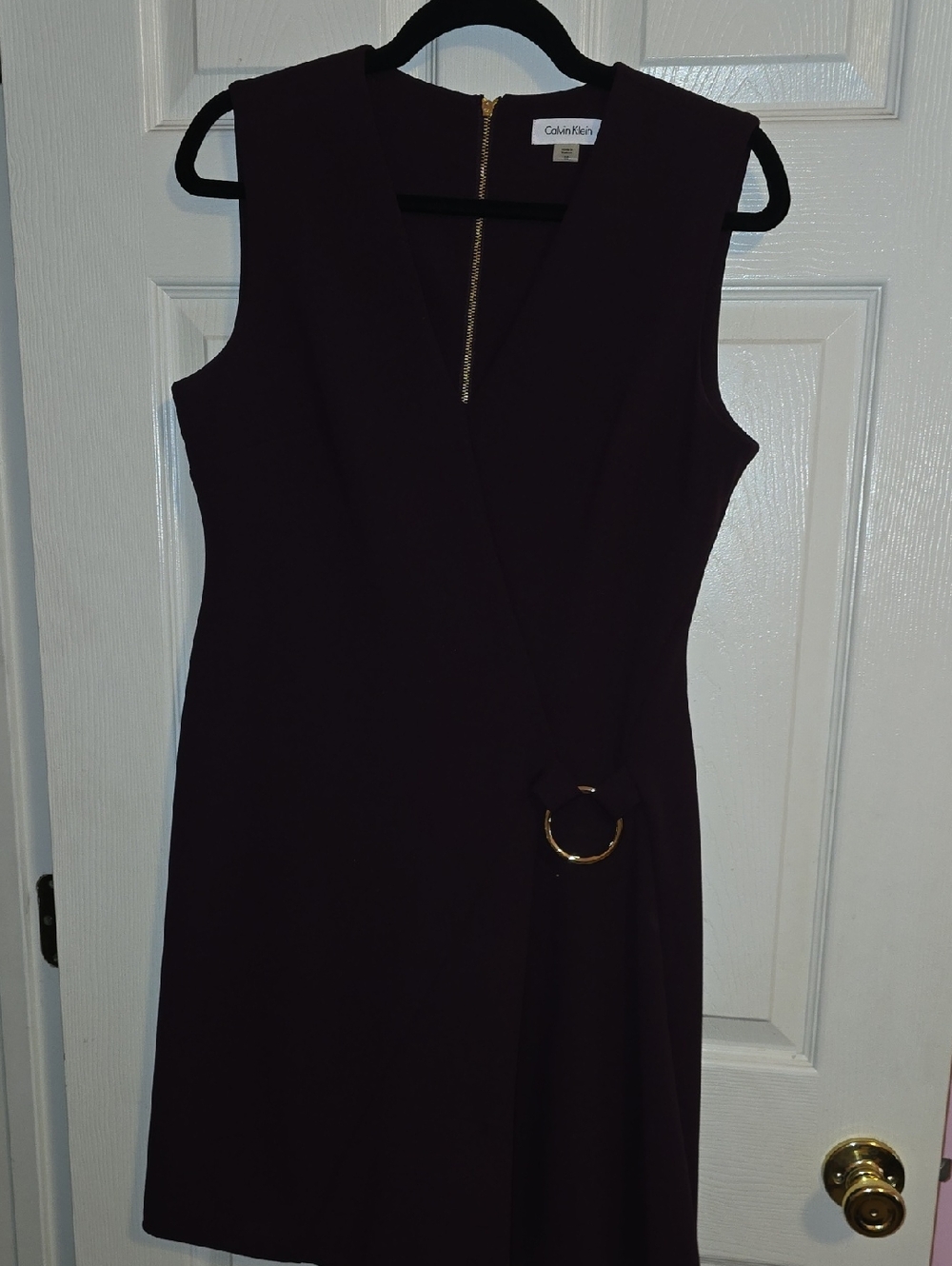 Calvin Klein Plum Sleeveless Wrap Mini Dress with Gold Ring Accent